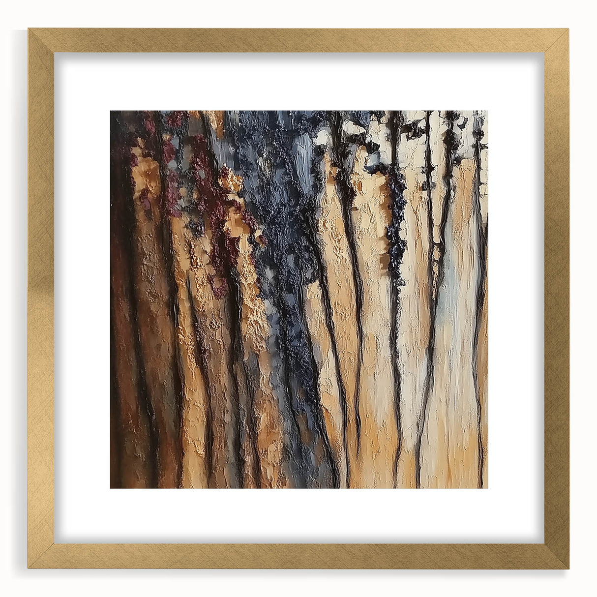 Abstract floral frame with a gold mat, showcasing vibrant colors and intricate patterns, ideal for enhancing home decor with an elegant touch. Perfect for modern interiors.