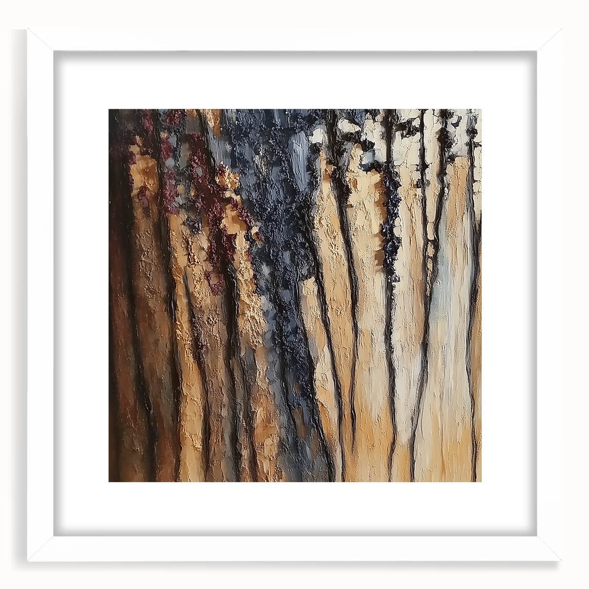 Abstract floral frame design showcasing vibrant colors and intricate patterns, set in a white mat, ideal for modern home decor. This elegant piece enhances any interior space with its artistic flair and contemporary style.