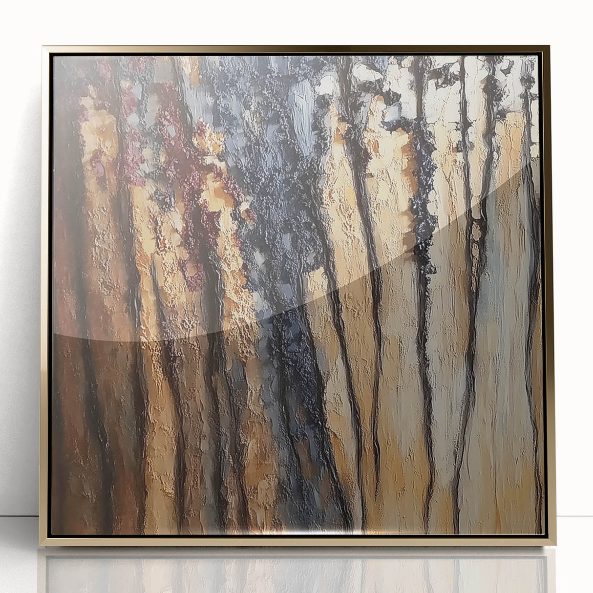 Framed acrylic artwork showcasing vibrant abstract floral designs in gold tones, perfect for modern home decor. Ideal for adding a touch of elegance to any space.