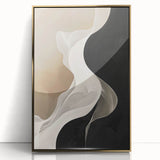 Abstract minimalist wall art in a sleek gold frame, showcasing a geometric design with soft curves and vibrant hues, perfect for modern home décor.