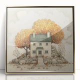 Large art print of a mid-century modernist abstract design in warm fall hues on acrylic, ideal for nursery wall decor.