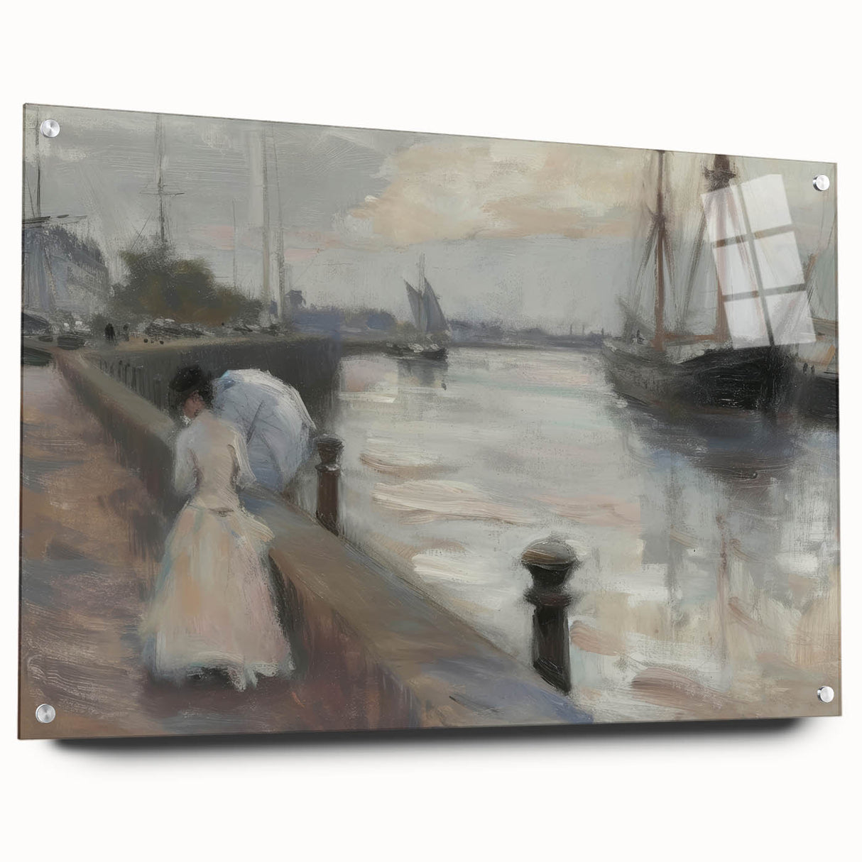 Side view of an abstract figurative acrylic artwork displayed on a glass panel, featuring vibrant colors and intricate pin detailing, ideal for modern decor.