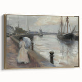 Abstract figurative framed canvas art with a gold frame, showcasing vibrant colors and dynamic shapes, perfect for modern home decor. Side view highlights its elegant design.