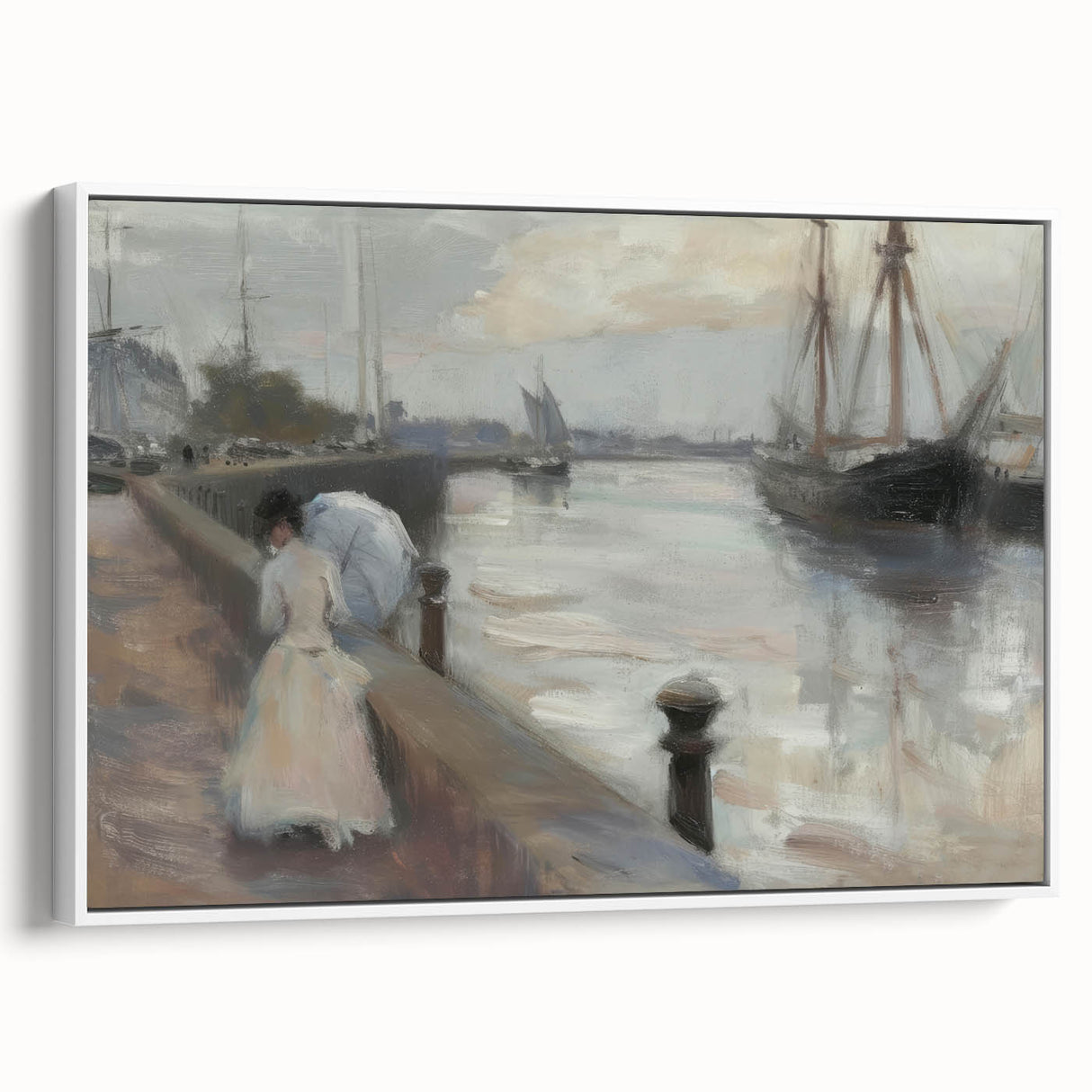 Abstract figurative framed canvas artwork in a sleek white frame, showcasing vibrant colors and dynamic shapes, ideal for modern home decor or office space.