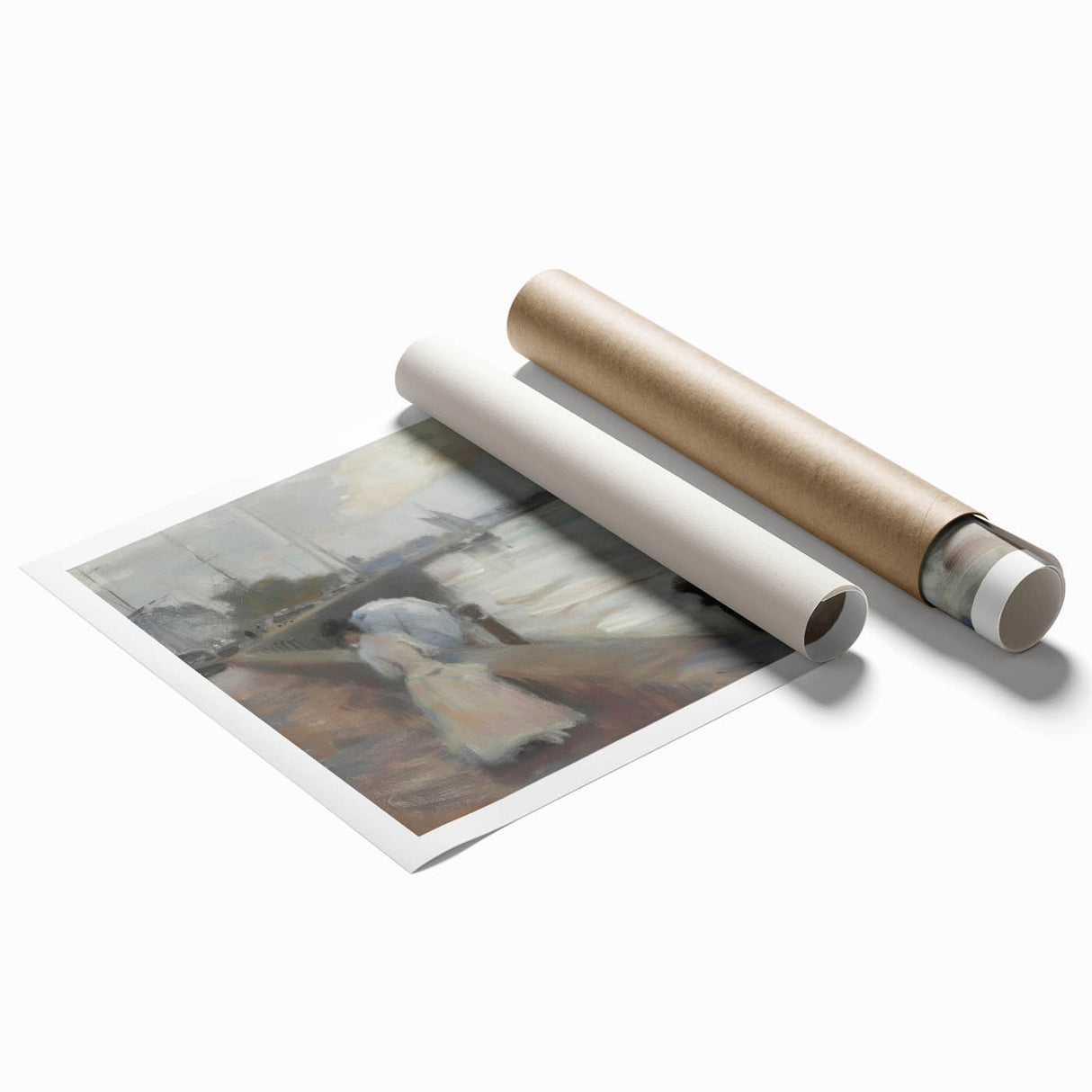 Colorful abstract figurative rolled print showcasing vibrant shapes and dynamic patterns, ideal for modern home decor, elegantly packaged in a protective tube.