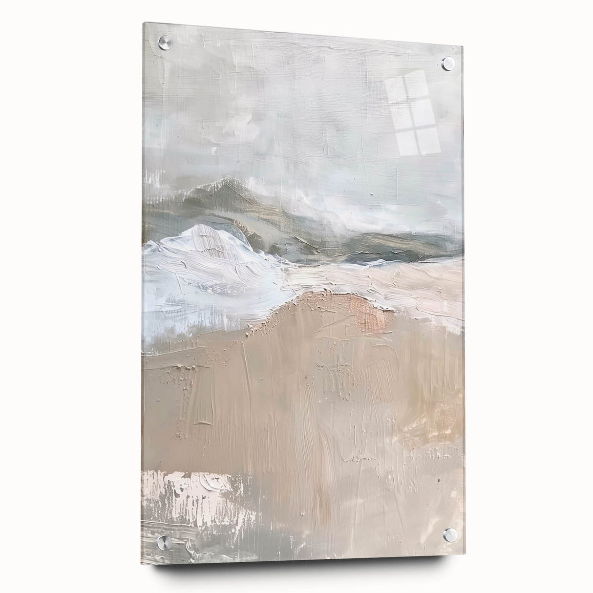 Abstract minimalist wall art displayed in a side view, showcasing vibrant colors and geometric shapes on acrylic glass with mounting pins, perfect for modern decor.