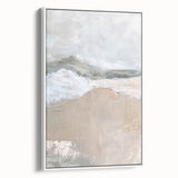 Abstract minimalist wall art design in a sleek white frame, showcasing soft geometric shapes and muted colors, perfect for modern home decor accents.