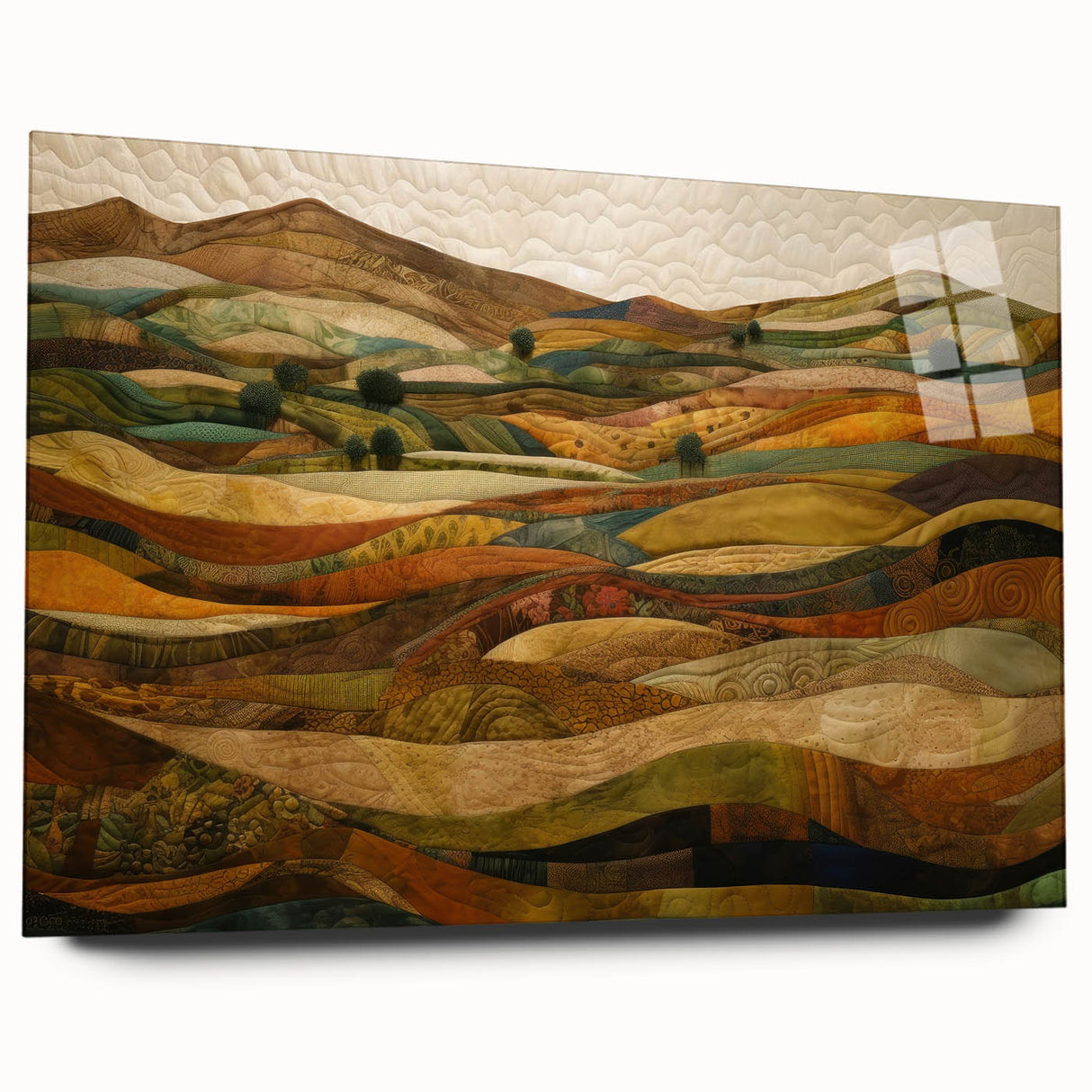 Large abstract wall art on acrylic glass featuring swirling autumn hues, ideal for bedroom or dining room decor.
