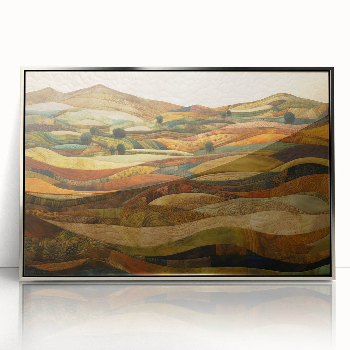 Mid-century modernist art depicting autumn trees in rich orange and yellow hues, framed in silver acrylic.