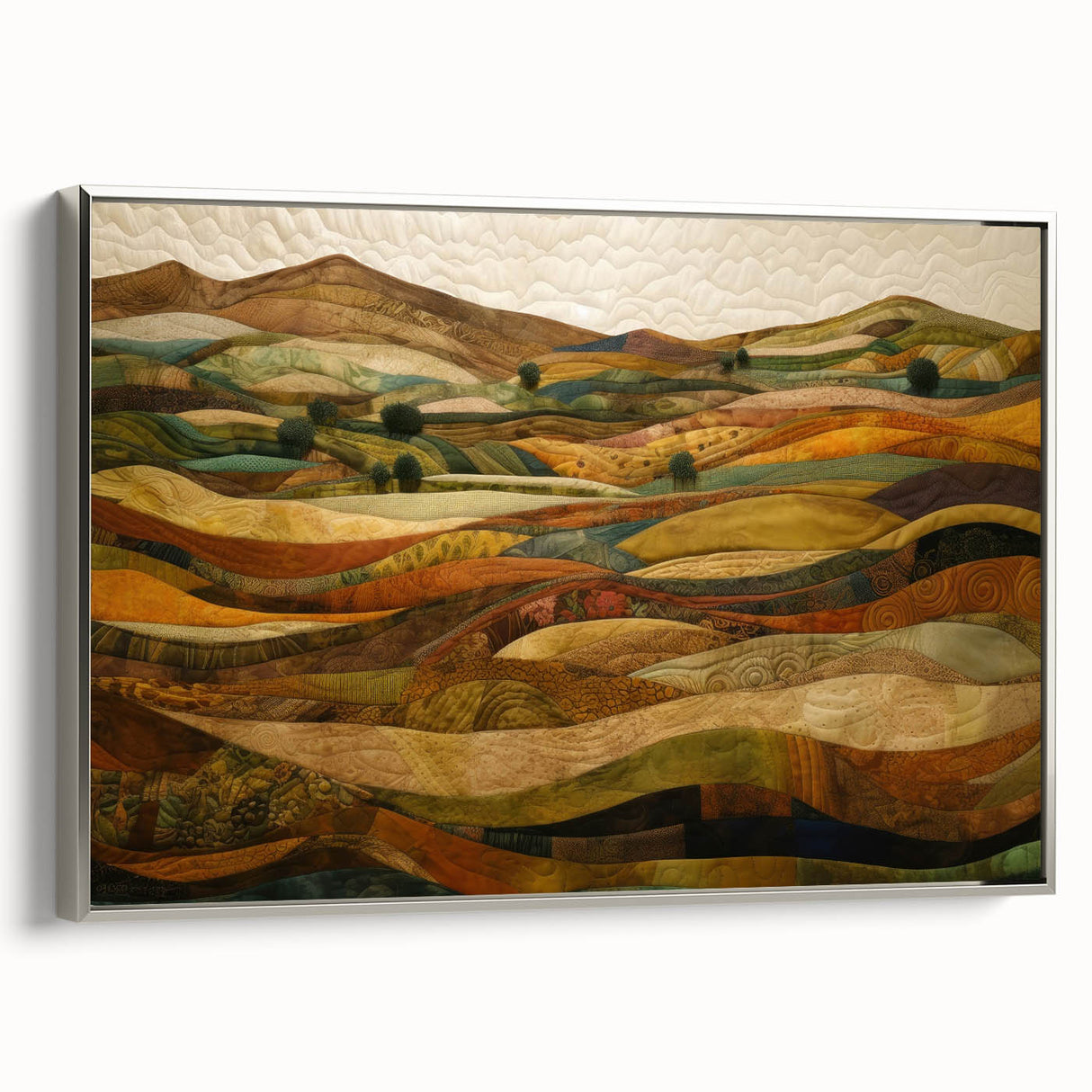Framed canvas depicting a vintage-style landscape with autumn trees in vibrant hues, ideal for living room decor.