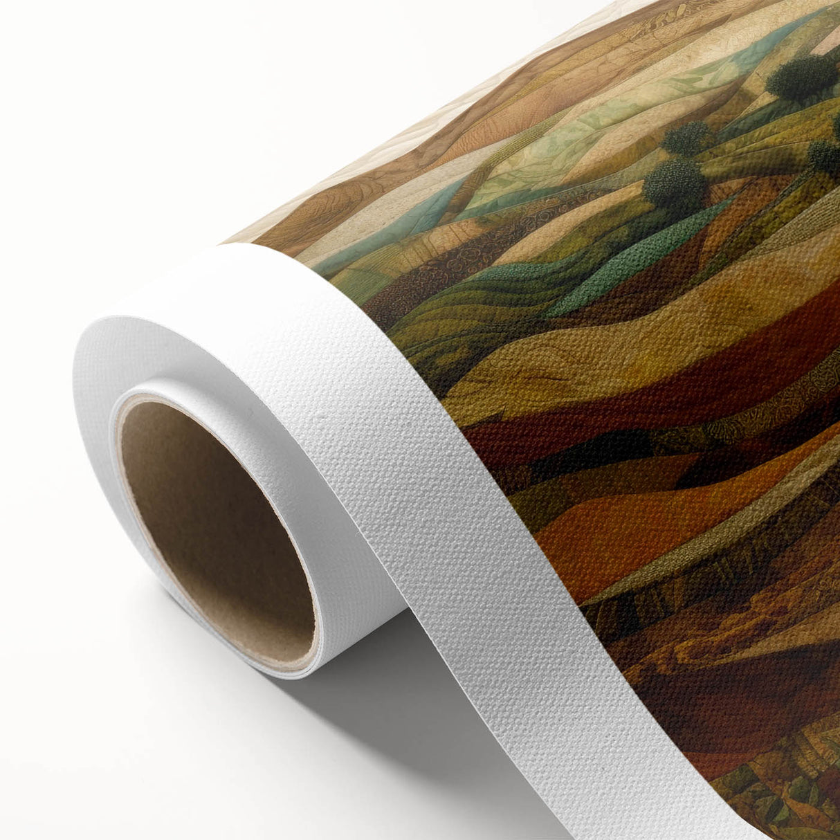 Art deco poster of autumnal trees in orange and brown tones on rolled canvas, suitable for nursery wall decor.