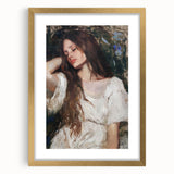 Abstract figurative framed artwork with a gold mat, showcasing intricate designs and vibrant colors, perfect for modern home decor or gallery displays.