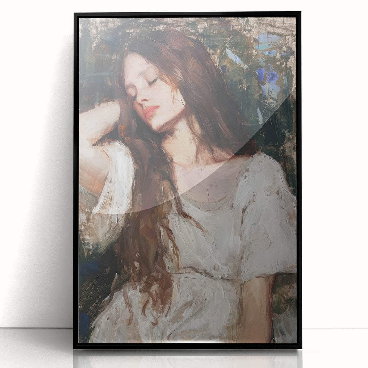 Framed black acrylic artwork showcasing an abstract figurative design, featuring bold shapes and contrasting colors, perfect for modern home decor.