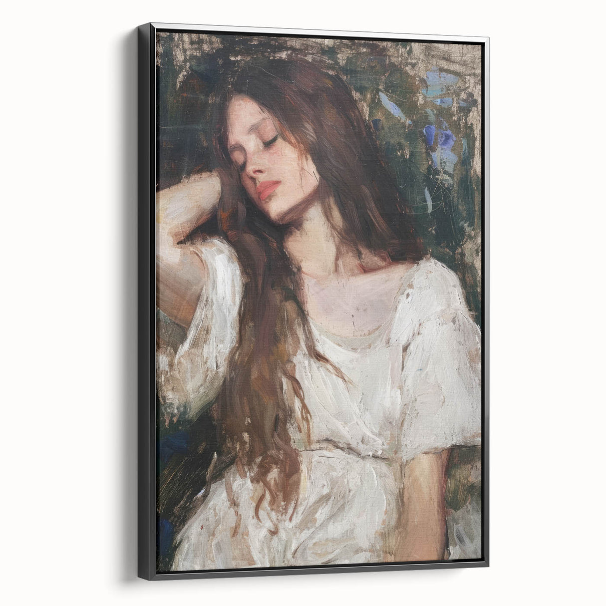 Framed abstract figurative canvas art showcasing a modern black design, viewed from the side, ideal for contemporary home decor. Perfect for adding a sophisticated touch to any room.