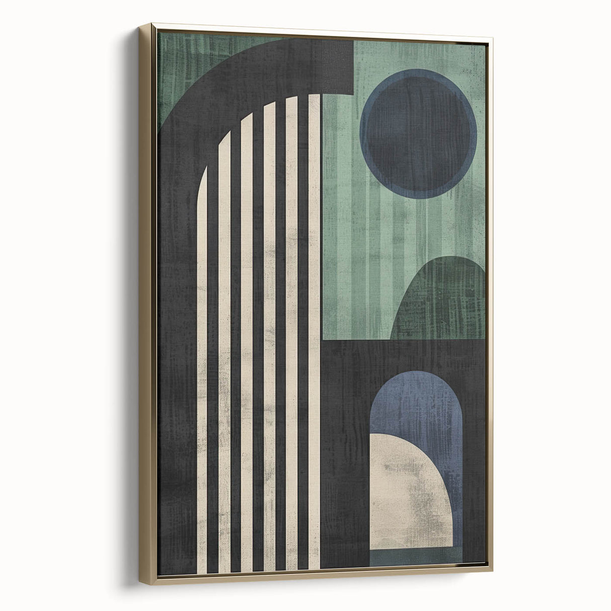 Framed minimalist wall art featuring an abstract design with gold accents, showcasing a modern aesthetic. The side view highlights the canvas's elegant profile, perfect for contemporary decor.
