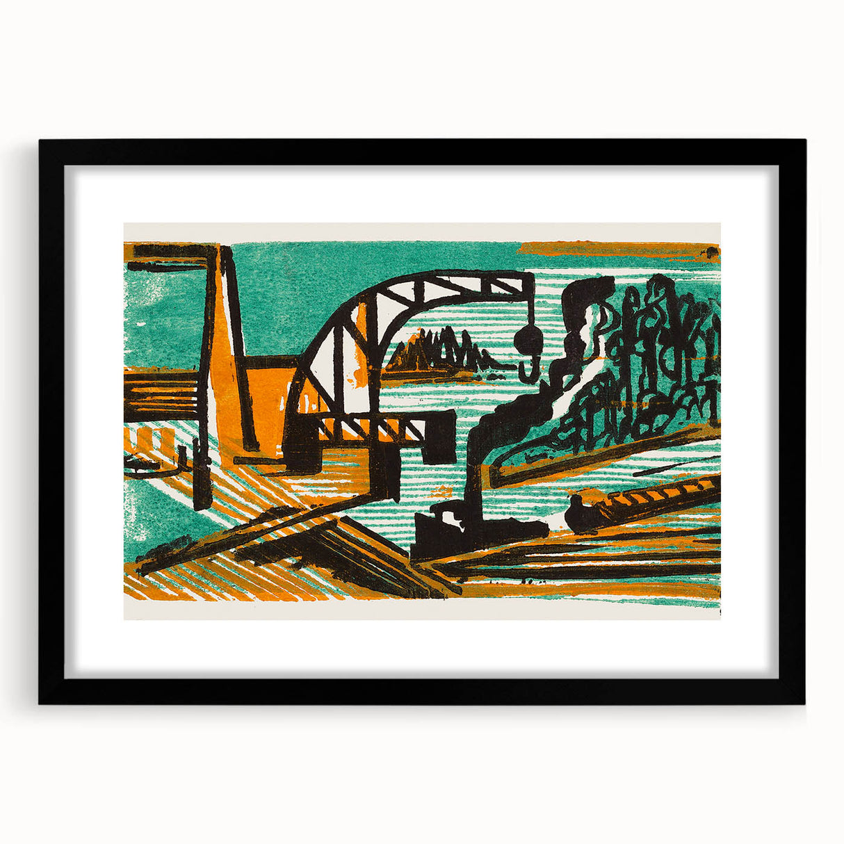 Expressionist Art - River Landscape with Crane and Barges by Ernst Ludwig Kirchner