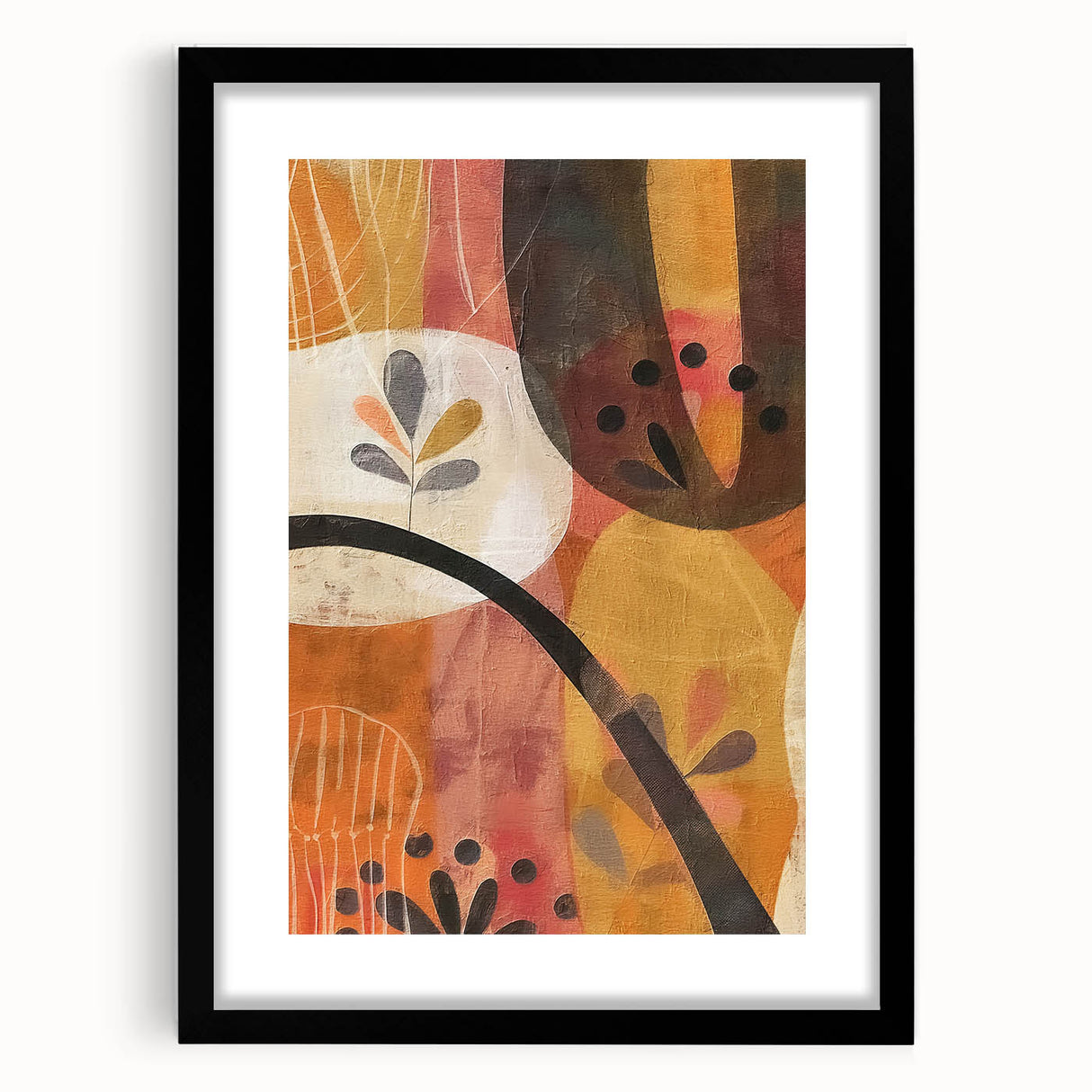 Extra large abstract art print featuring textured, colorful foliage design on a black framed canvas.