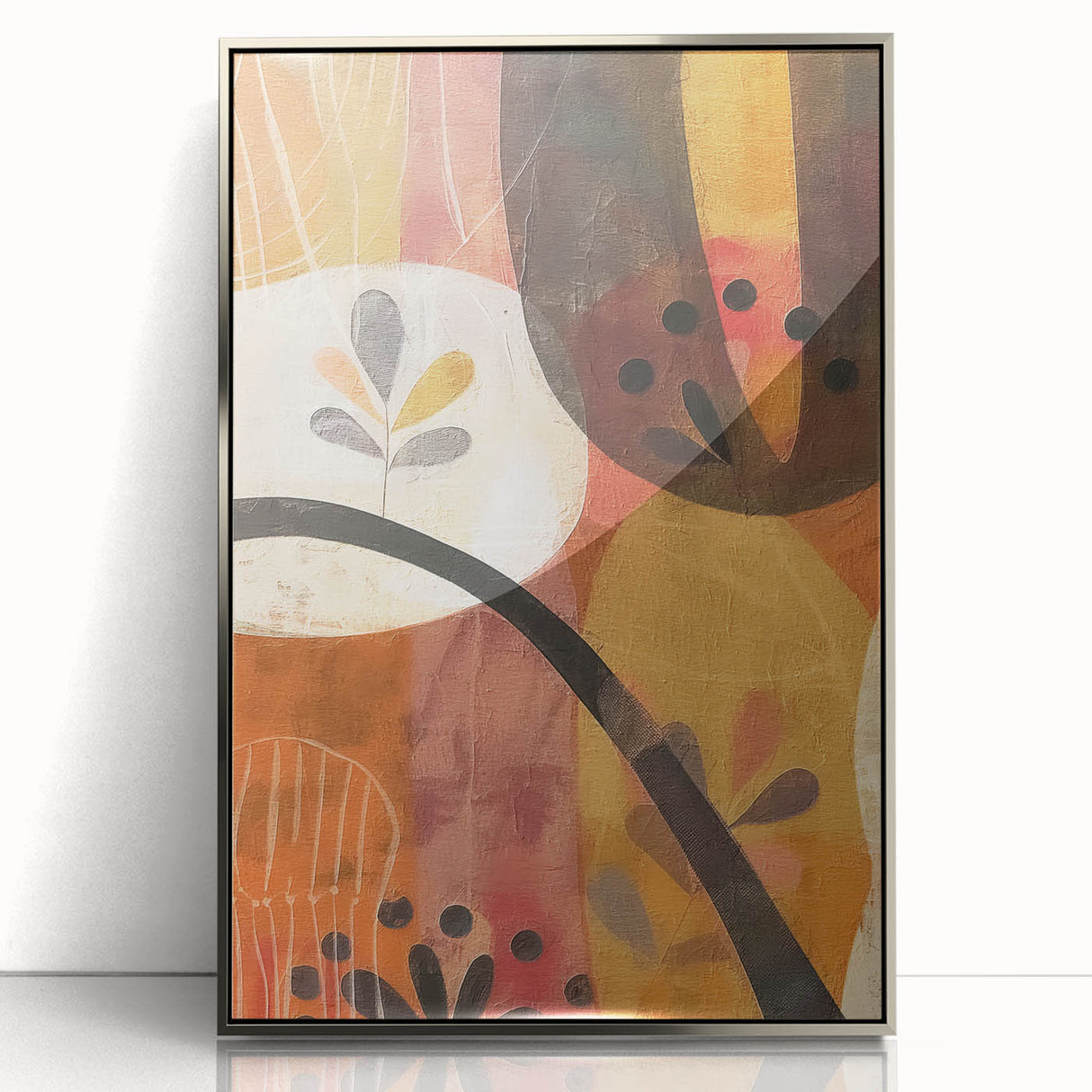 Mid-century modernist art depicting an abstract fall scene in warm orange and brown tones, framed in silver acrylic.