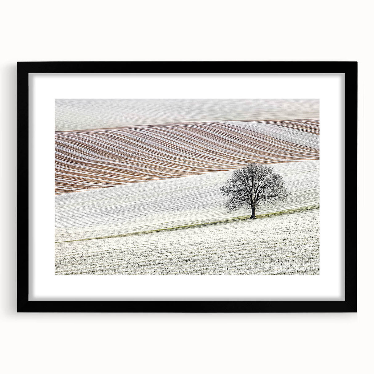 Abstract landscape frame with a sleek black mat, showcasing a vibrant, colorful scene of rolling hills and a sunset, perfect for modern home decor.
