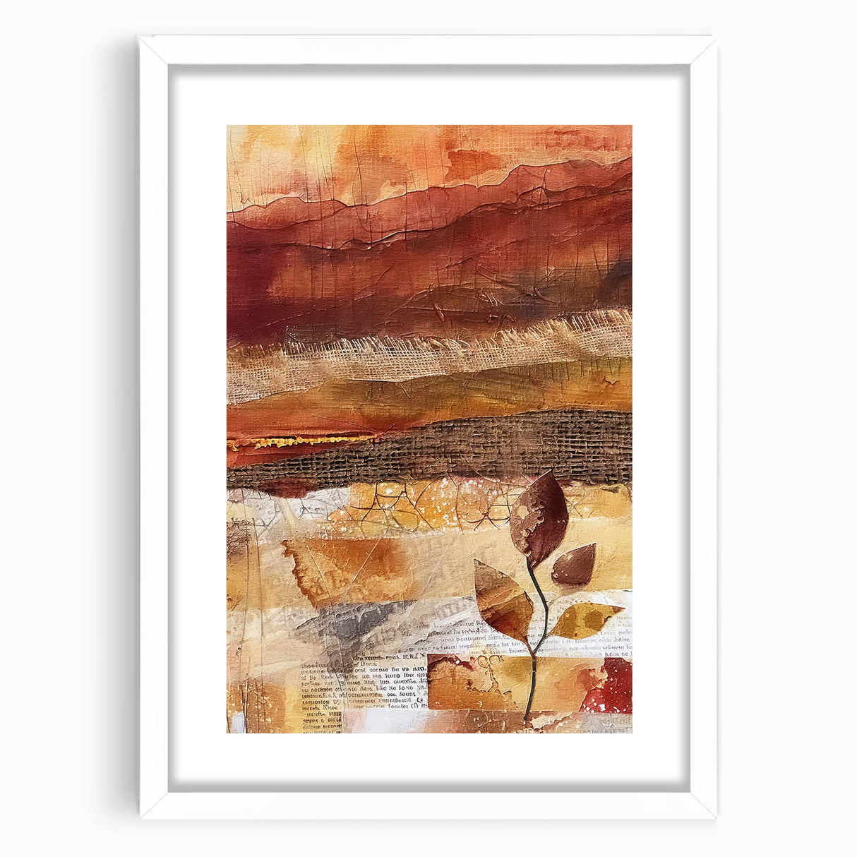 Abstract art print featuring swirling orange and yellow patterns on a white framed canvas, ideal for dining room decor.