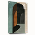 Abstract minimalist wall art design displayed on acrylic glass, featuring soft pastel colors and a sleek side view with pins for mounting. Perfect for modern home decor.