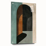 Abstract minimalist wall art design displayed on acrylic glass, featuring soft pastel colors and a sleek side view with pins for mounting. Perfect for modern home decor.