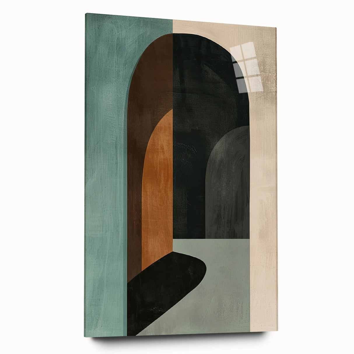 Abstract minimalist wall art design mounted on acrylic glass, showcasing a soft color palette of blues and grays, ideal for modern decor. Side view highlights the sleek finish and elegant presentation, perfect for enhancing interior aesthetics.