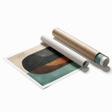Abstract minimalist wall art print showcasing swirling pastel colors and geometric shapes, rolled and ready for framing, ideal for modern decor.