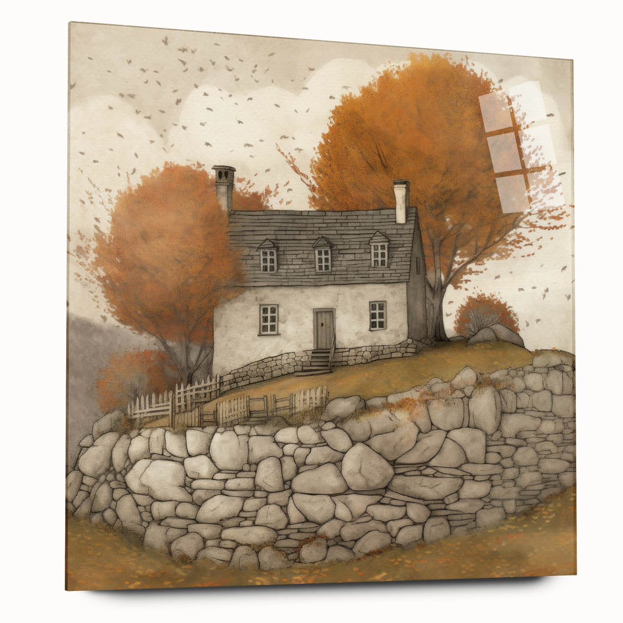 Large abstract wall art in autumnal hues on acrylic glass, suited for dining room ambiance.