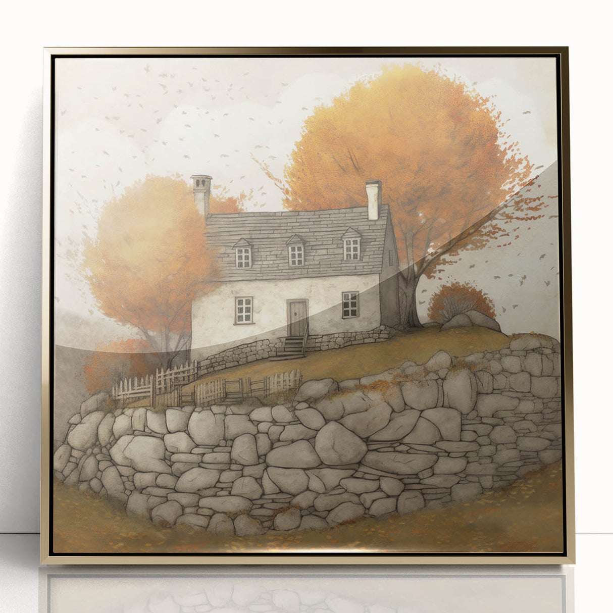 Mid-century modernist large art print of autumn trees on gold-framed acrylic, ideal for nursery wall art.