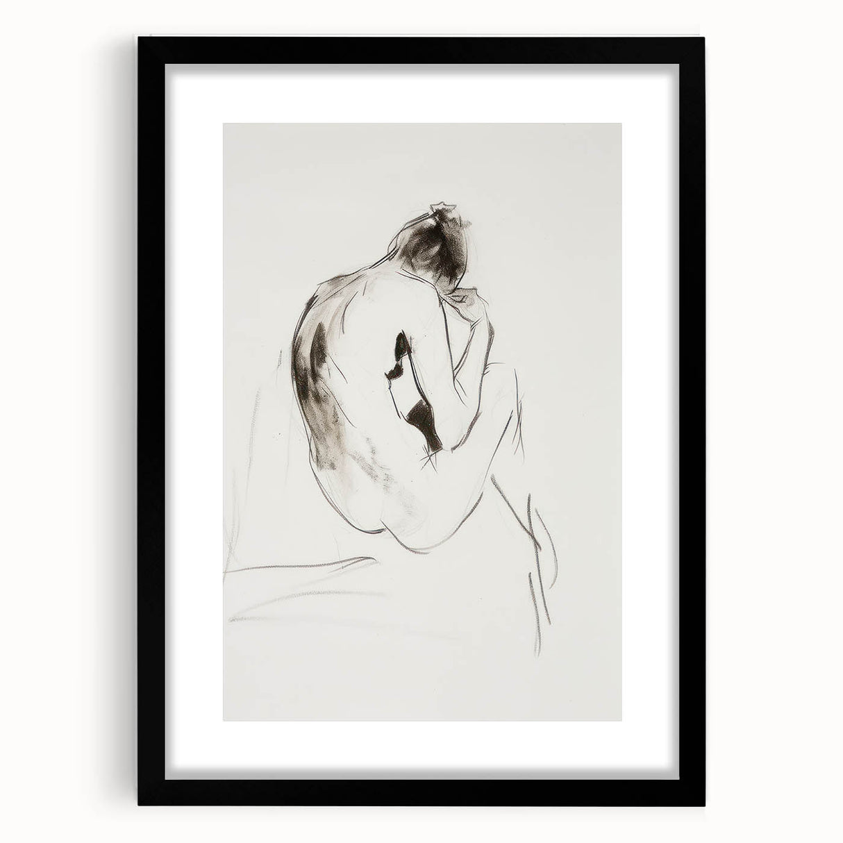 Abstract figurative artwork framed in matte black, showcasing dynamic shapes and colors, ideal for modern home décor. Perfect for adding a contemporary touch to any space.