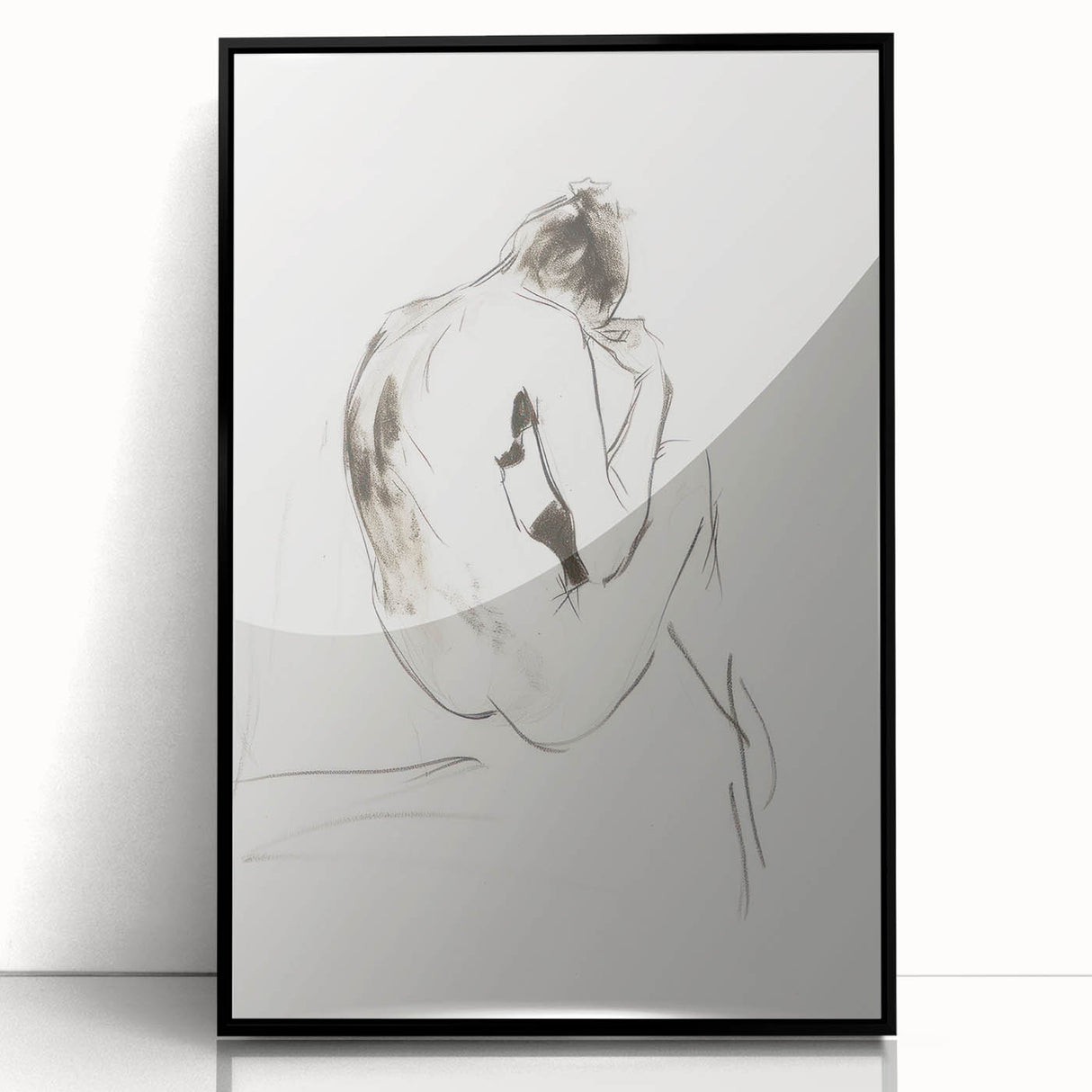 Framed abstract figurative artwork in black acrylic, showcasing dynamic shapes and fluid lines, ideal for modern home decor. Perfect for art enthusiasts seeking a bold statement piece.