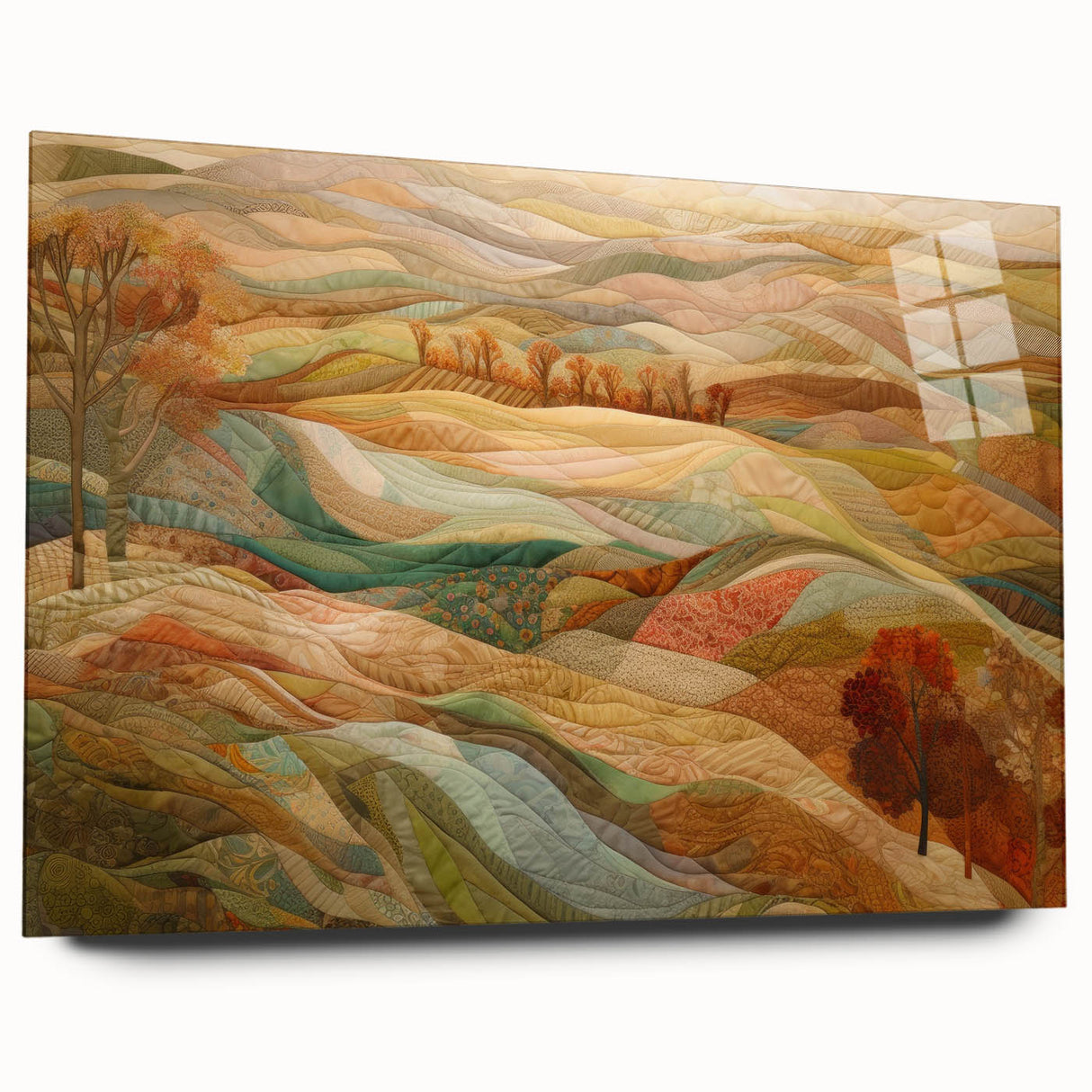 Large abstract wall art featuring mid-century modernist autumnal hues on acrylic glass, ideal for dining room ambiance.