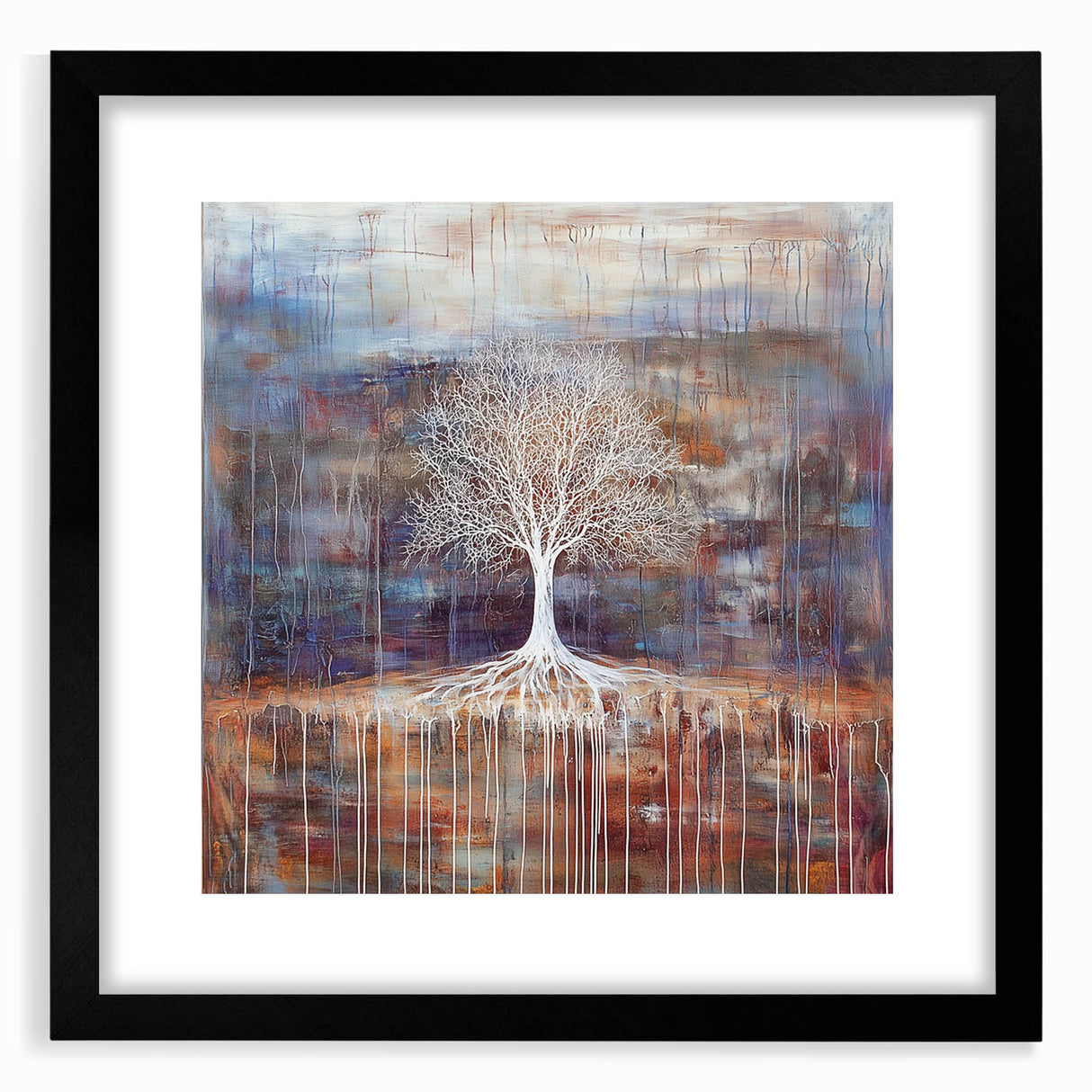 Abstract floral frame artwork with a black mat, showcasing vibrant colors and intricate designs, perfect for modern home decor or artistic displays.