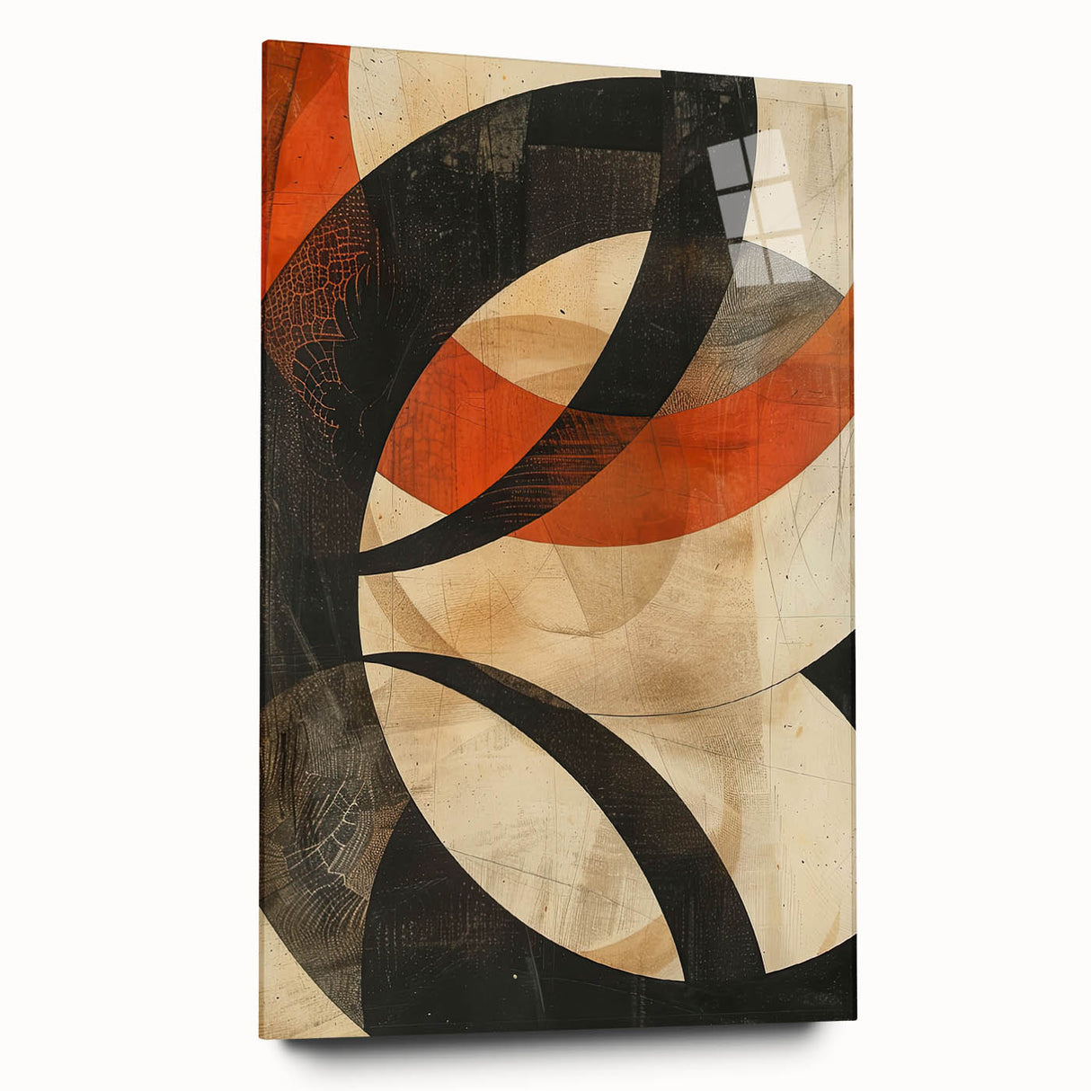 Abstract minimalist wall art displayed from a side view, featuring a sleek acrylic glass finish. Ideal for modern home decor, showcasing vibrant colors and clean lines.