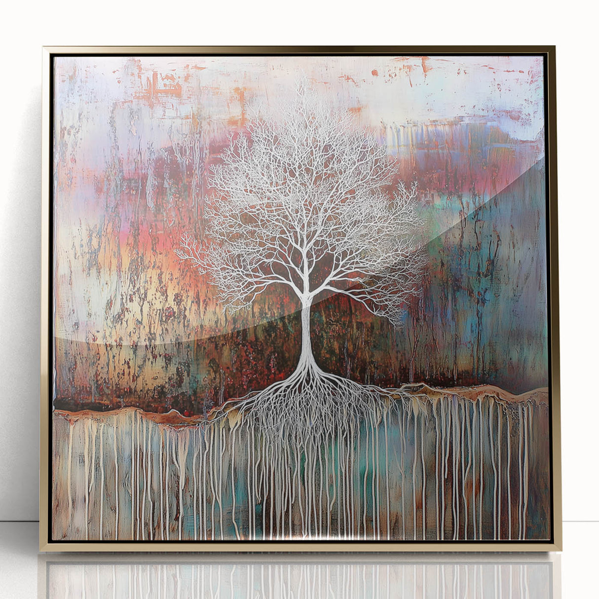 Framed acrylic artwork showcasing vibrant abstract floral designs in gold and pastel colors, perfect for modern home decor. Ideal for adding elegance to living spaces.