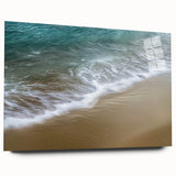 Abstract landscape art print on acrylic glass showcasing vibrant colors and fluid patterns, ideal for modern home decor. Side view highlights sleek design without pins, enhancing artistic appeal. Perfect for stylish interiors.