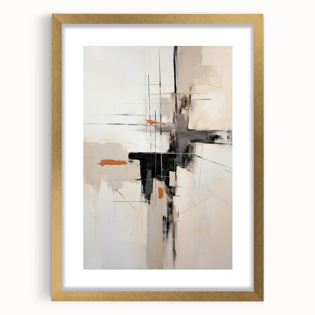 Abstract minimalist wall art framed in gold, featuring soft pastel colors and geometric shapes, designed to enhance modern home decor aesthetics.
