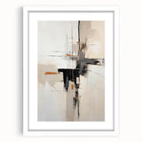 Abstract minimalist wall art framed in white with a mat, showcasing soft neutral tones and geometric shapes, perfect for modern home decor.
