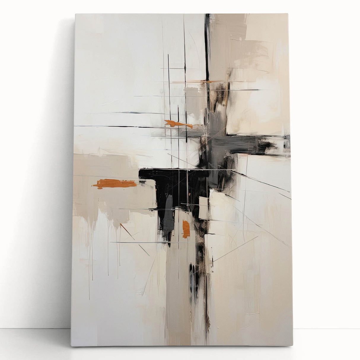 Abstract minimalist wall art design on stretched canvas, featuring soft beige and gray hues, leaning against a textured wall, adding a modern touch to interior decor.