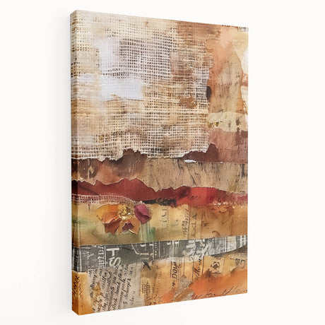 Large abstract depiction of autumn trees on a stretched canvas, featuring warm orange and brown tones.
