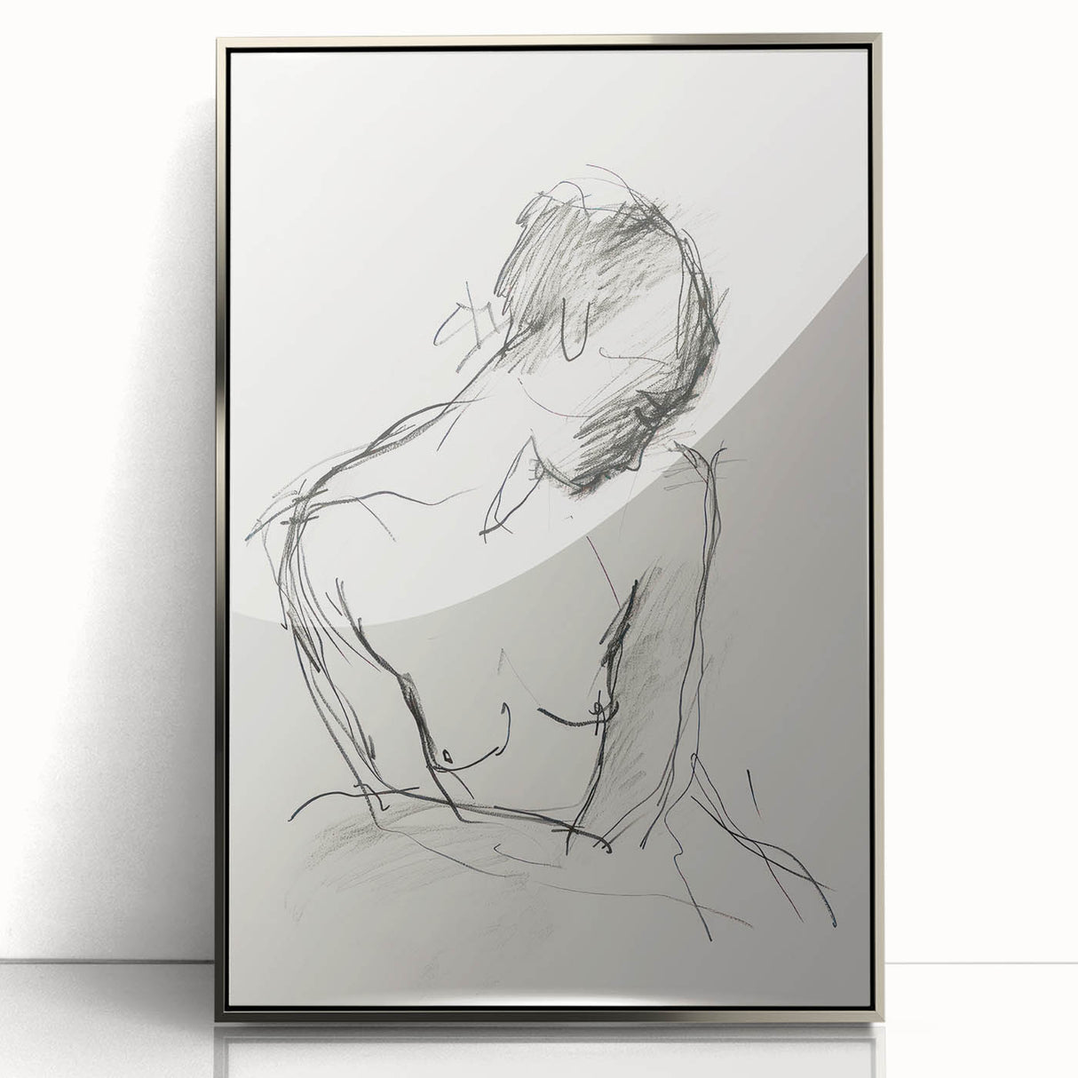 Framed abstract figurative art piece in silver acrylic, showcasing dynamic shapes and a modern design, perfect for contemporary home decor.