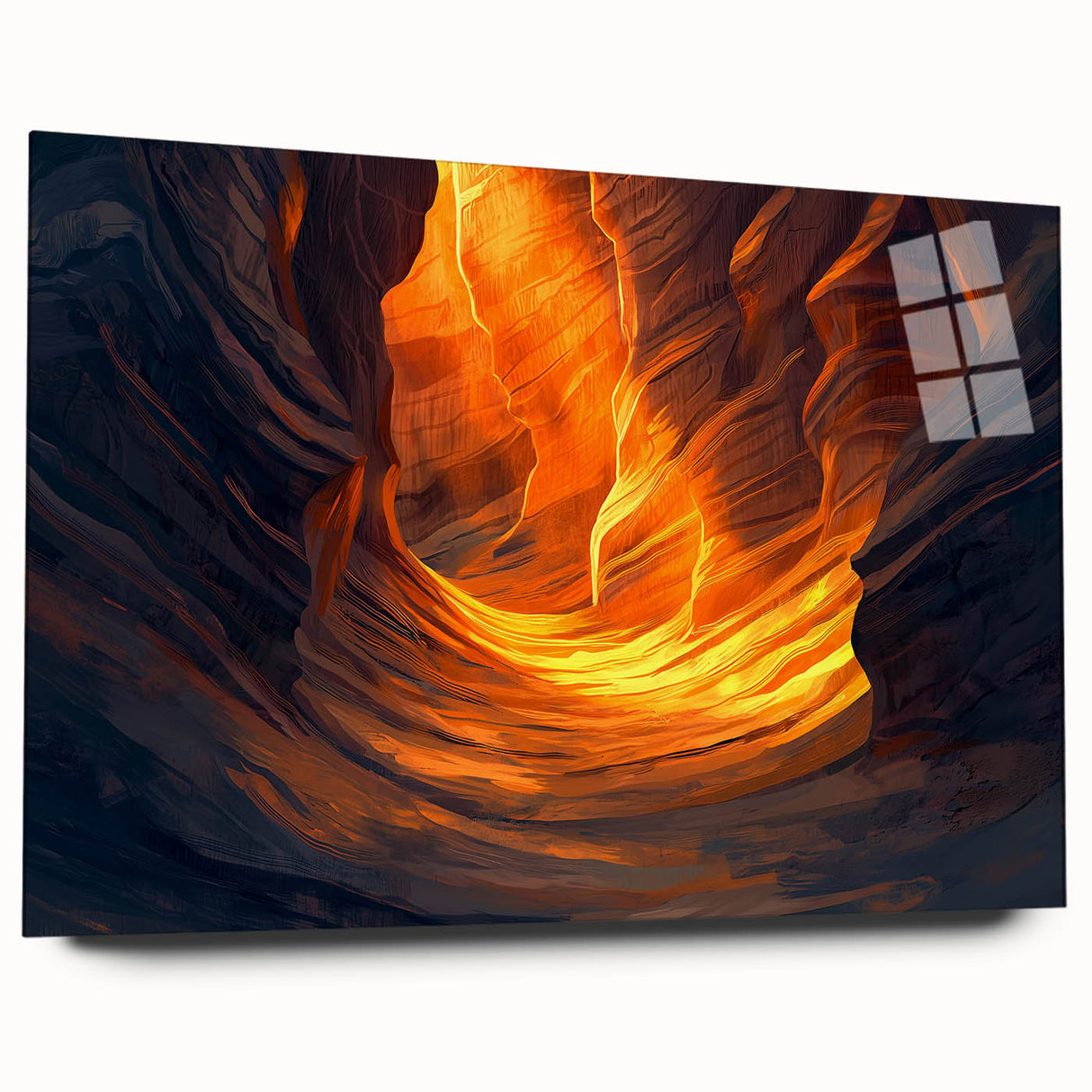 Acrylic glass artwork showcasing a stunning side view of vibrant landscapes and intricate cave designs, highlighting rich colors and detailed textures for modern decor.