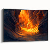 Framed canvas art depicting a serene landscape with caves, featuring a black frame that enhances the artwork's depth and detail, perfect for home decor.