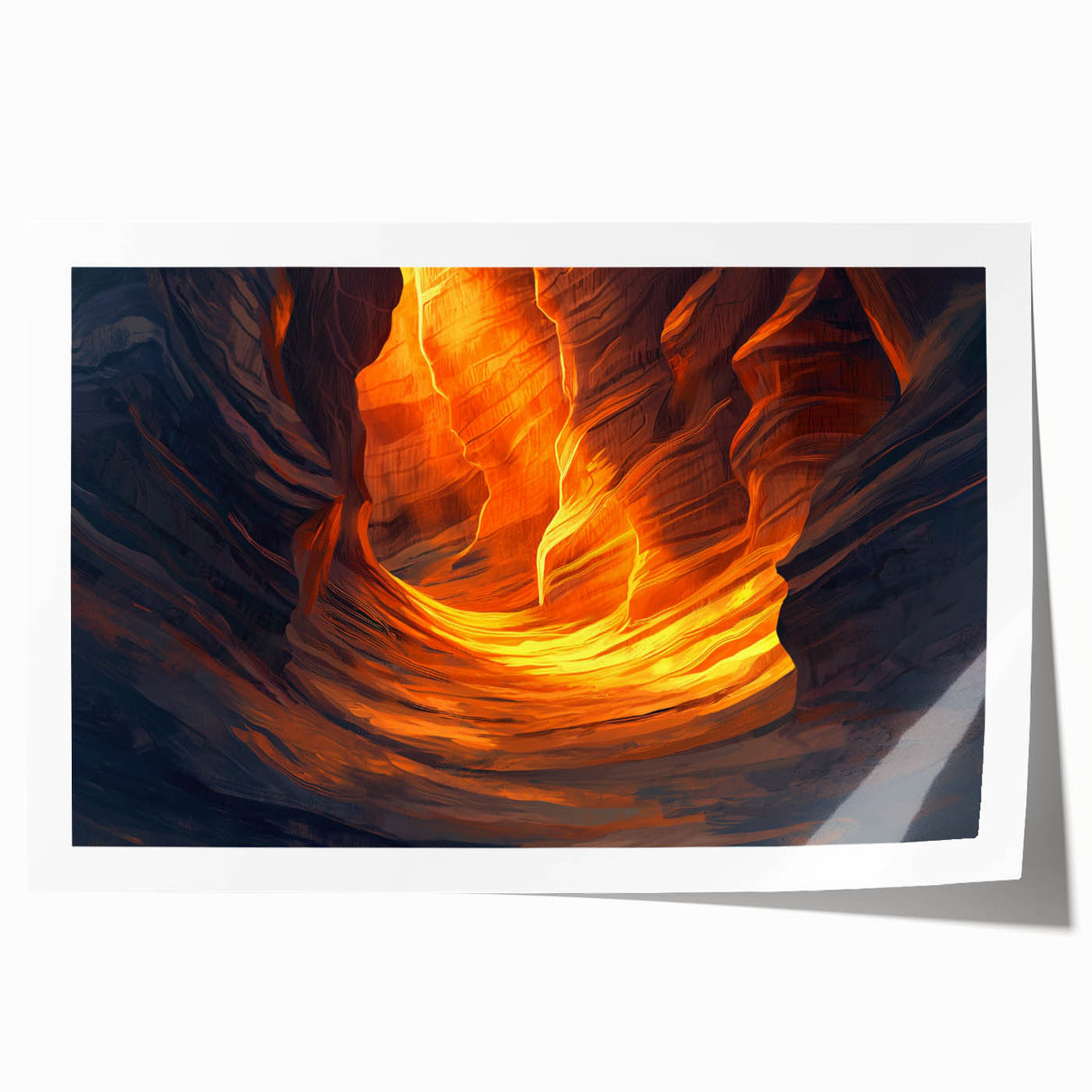 Rolled print showcasing a vibrant landscape design with intricate cave formations, featuring rich earthy tones, securely packaged in a protective cardboard tube for shipping.
