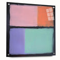 Abstract geometric acrylic glass artwork showcasing a side view with visible mounting pins, featuring vibrant colors and sharp lines, ideal for modern decor.