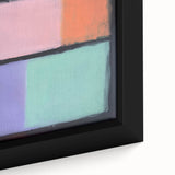 Close-up of an abstract geometric framed canvas artwork showcasing vibrant colors and intricate patterns, perfect for modern home decor. The design features sharp lines and shapes, creating a striking visual impact in any room.