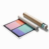 Abstract geometric rolled print showcasing vibrant blue, orange, and yellow patterns, elegantly packaged in a durable cardboard tube, ideal for modern home decor.