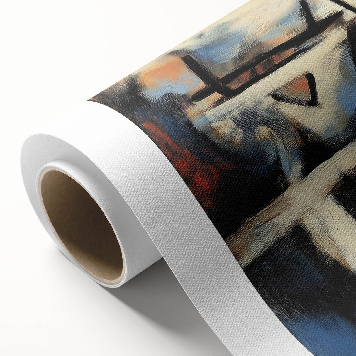 Abstract splatter art on rolled canvas showcasing vibrant colors in an eye-catching design, ideal for modern home decor, packaged securely in a cardboard tube.