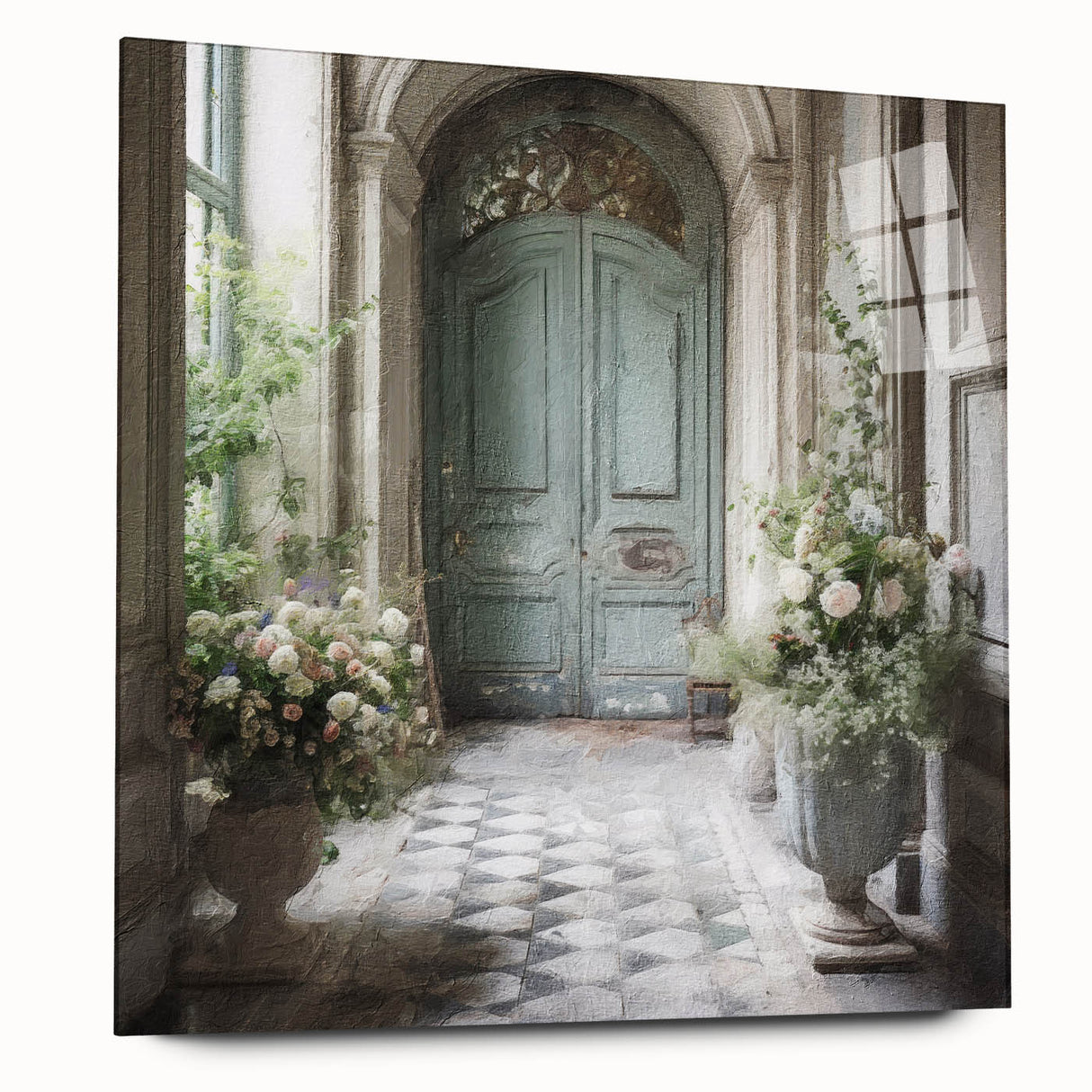 Acrylic print of a large abstract door design in muted earth tones, suitable for bedroom or dining room decor.